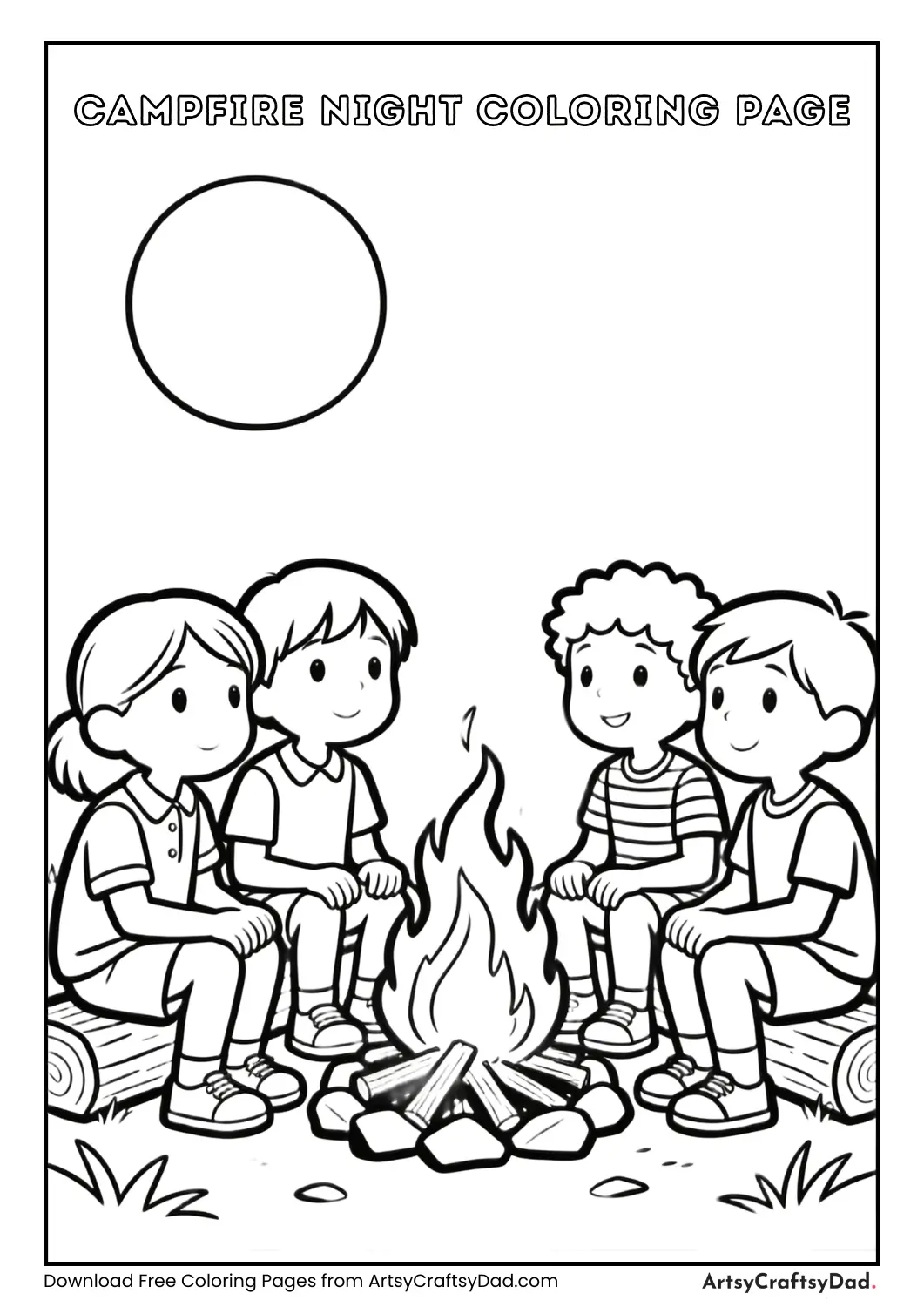 Campfire scene under night sky coloring page