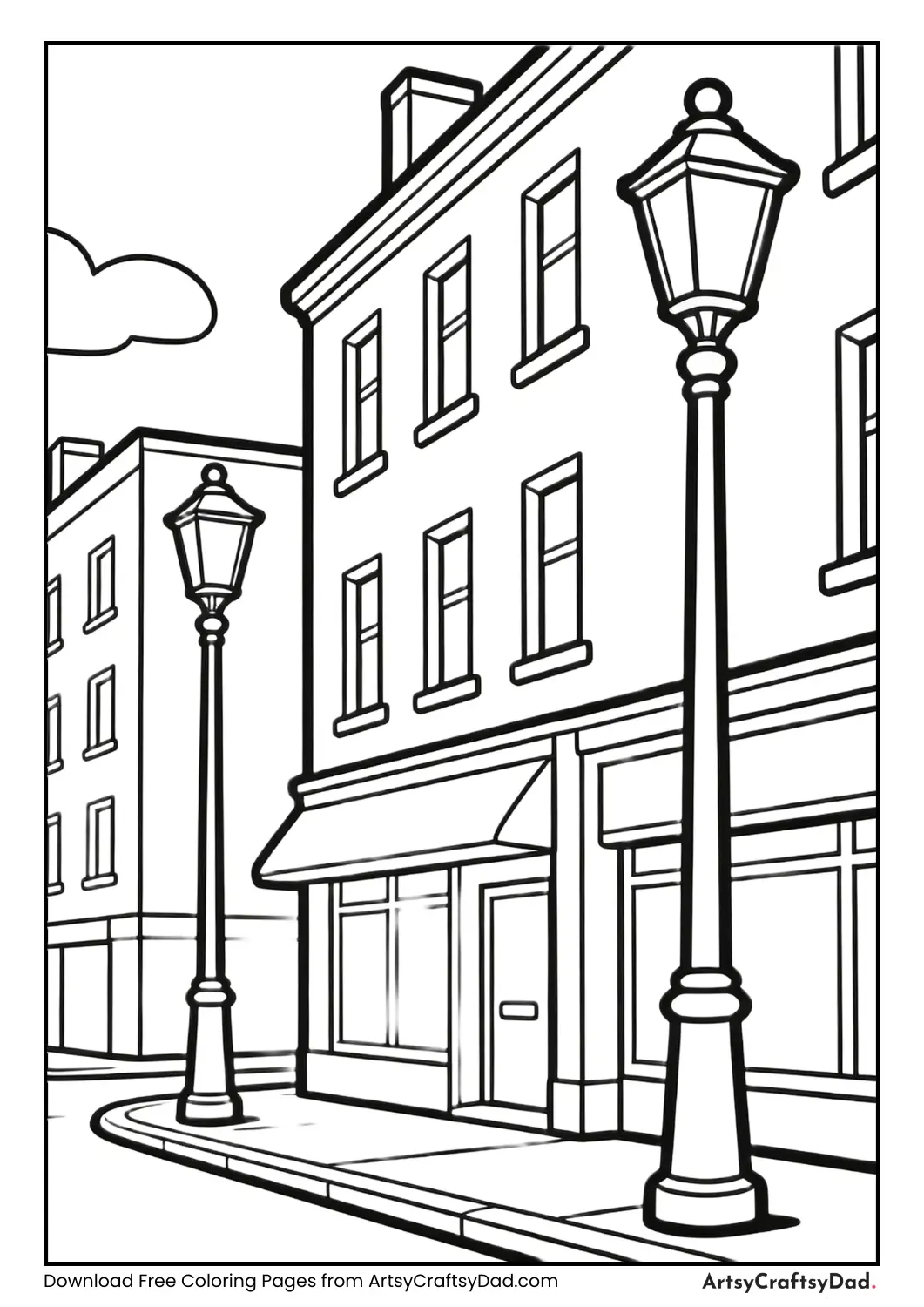 City street at night with street lamps coloring page