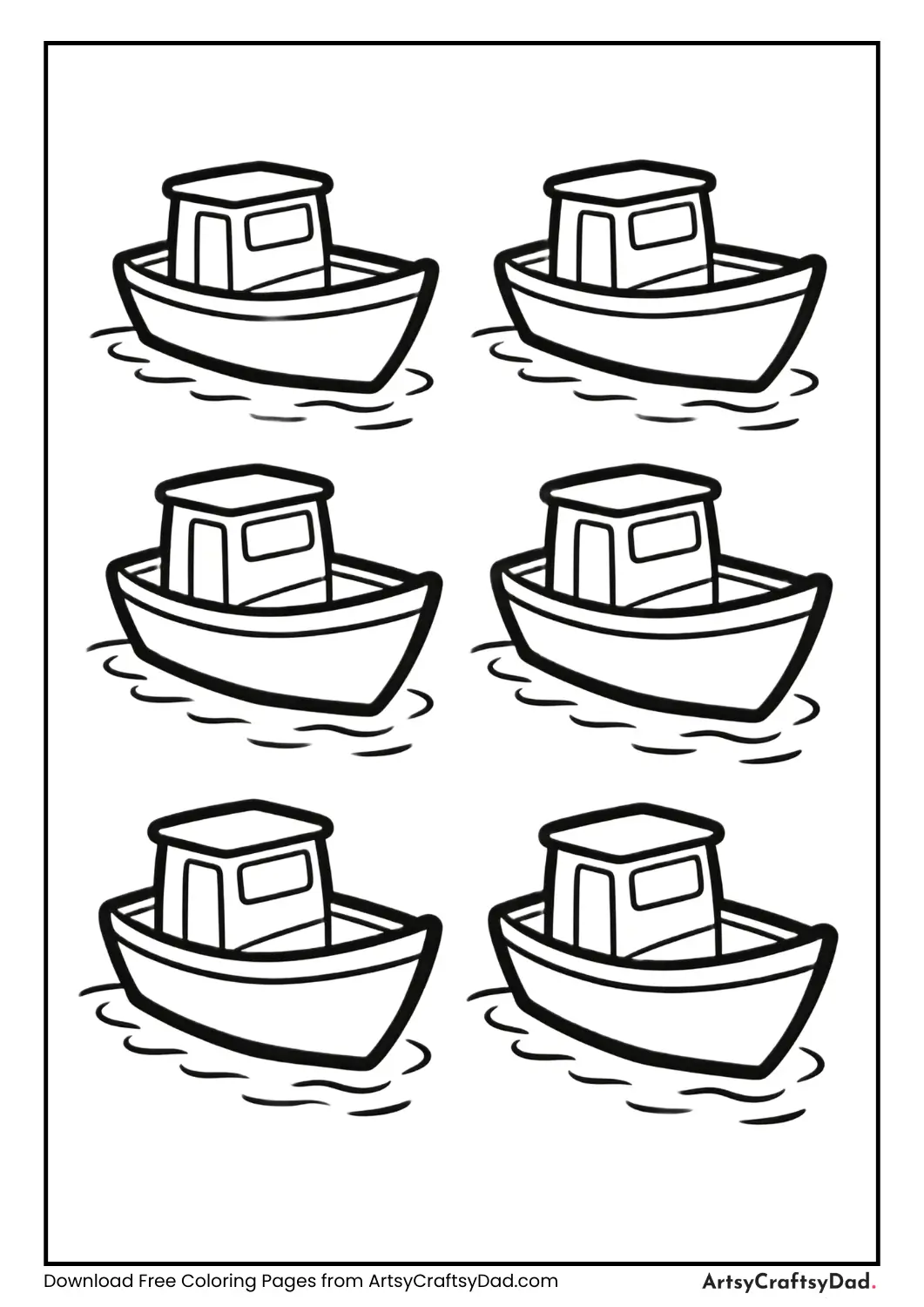 Count and color six boats black and white coloring page