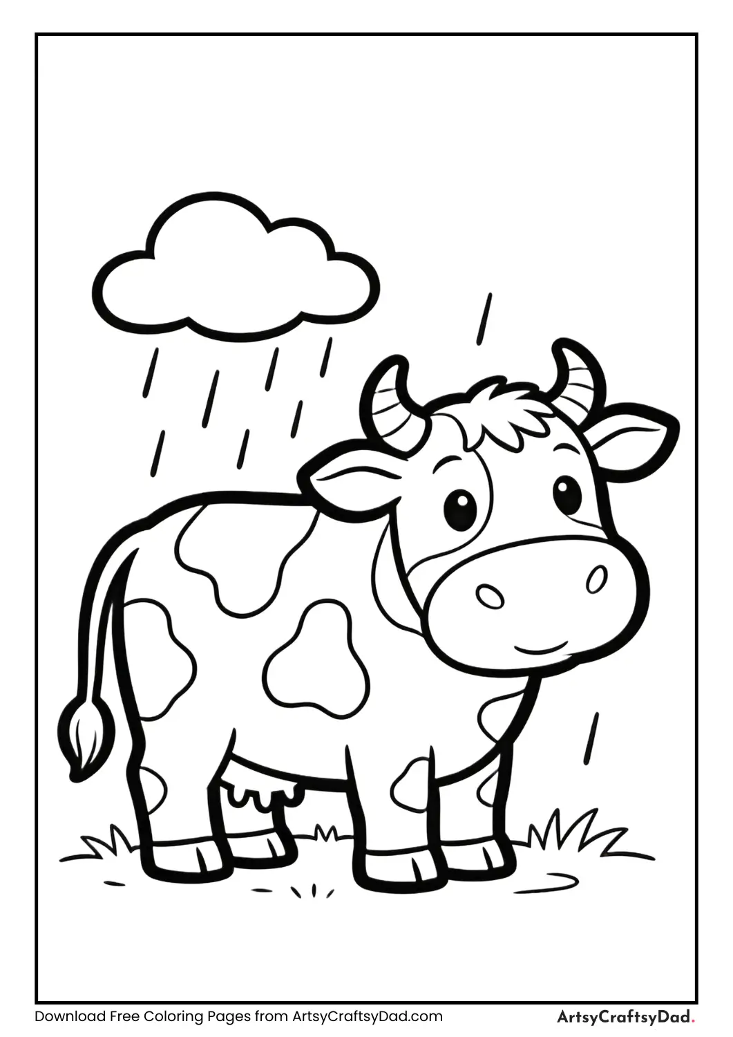 Cow in rain black and white coloring page