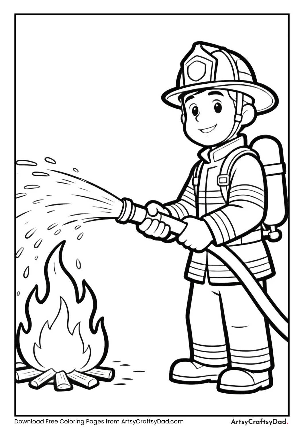 Firefighter spraying water with a hose on fire.