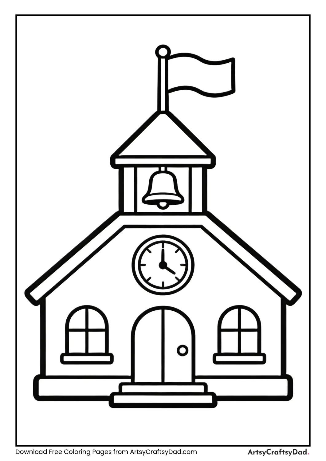 School building with clock and bell coloring page