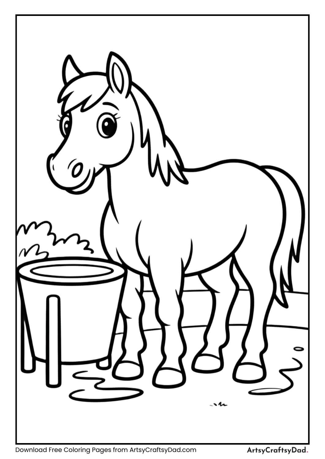 Horse near water trough coloring page