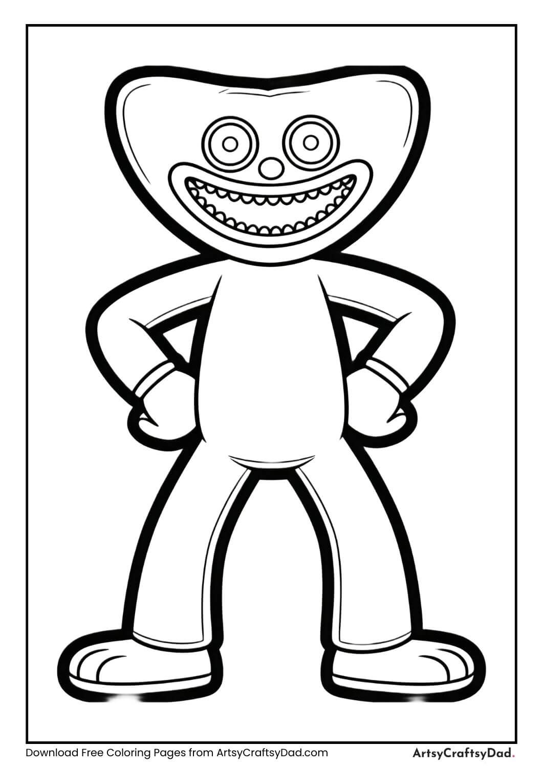 Huggy Wuggy standing with hands on hips black and white coloring page
