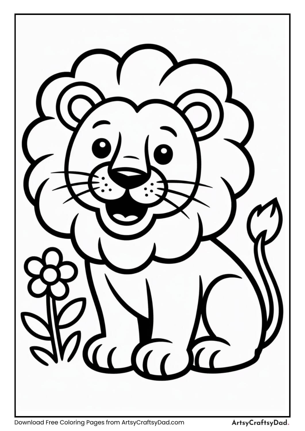 Happy lion sitting near flowers coloring page