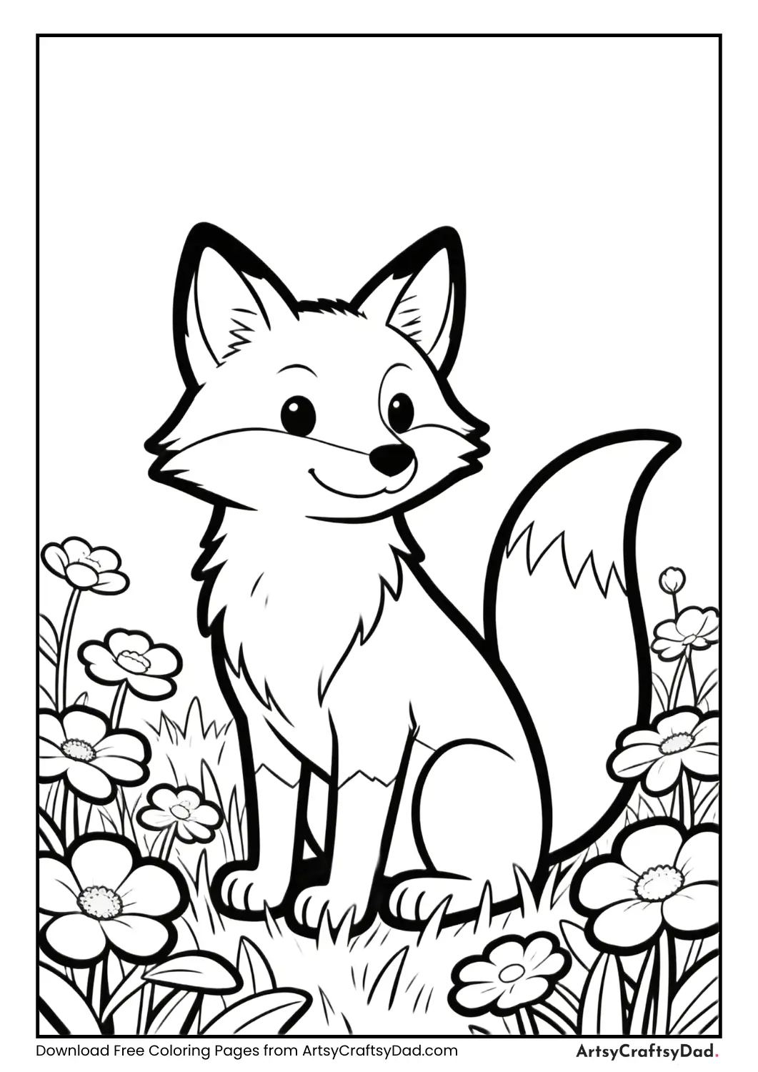 Fox in meadow black and white coloring page