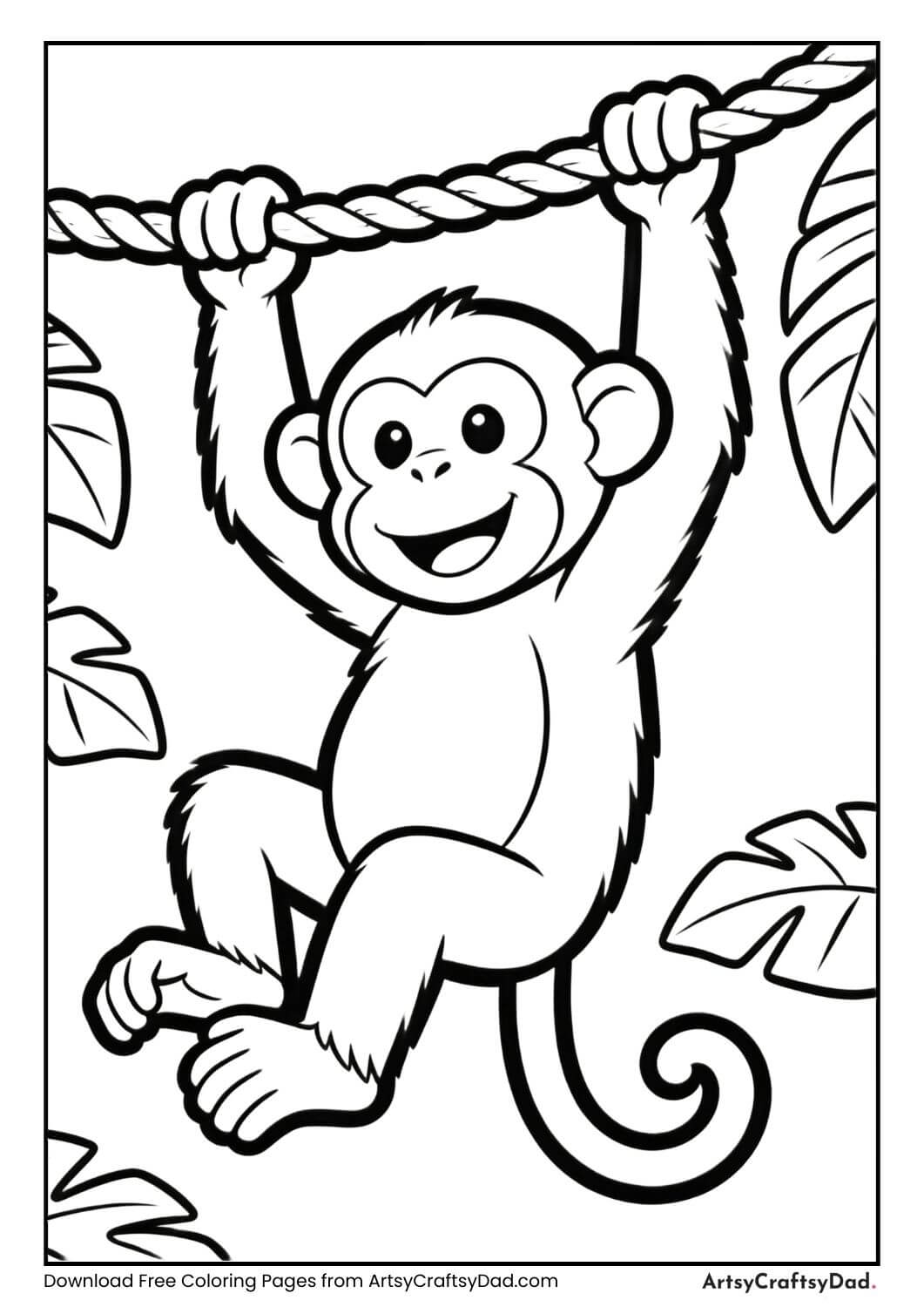 Monkey swinging on rope coloring page