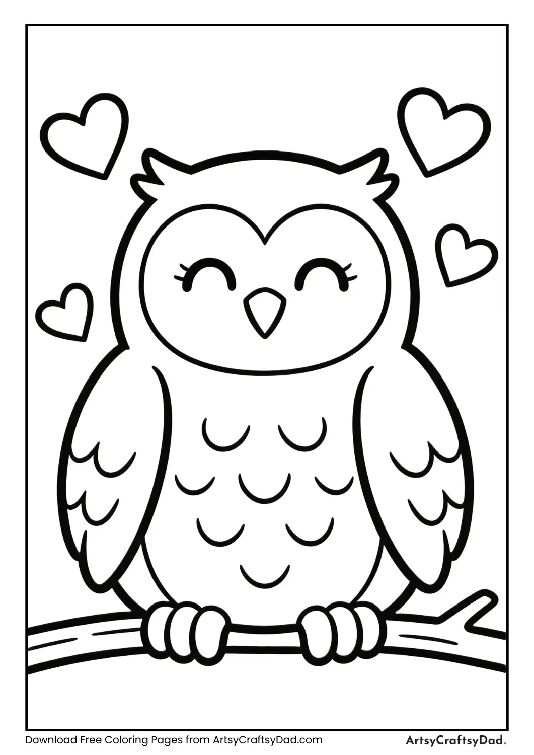 Owl with heart shapes black and white coloring page