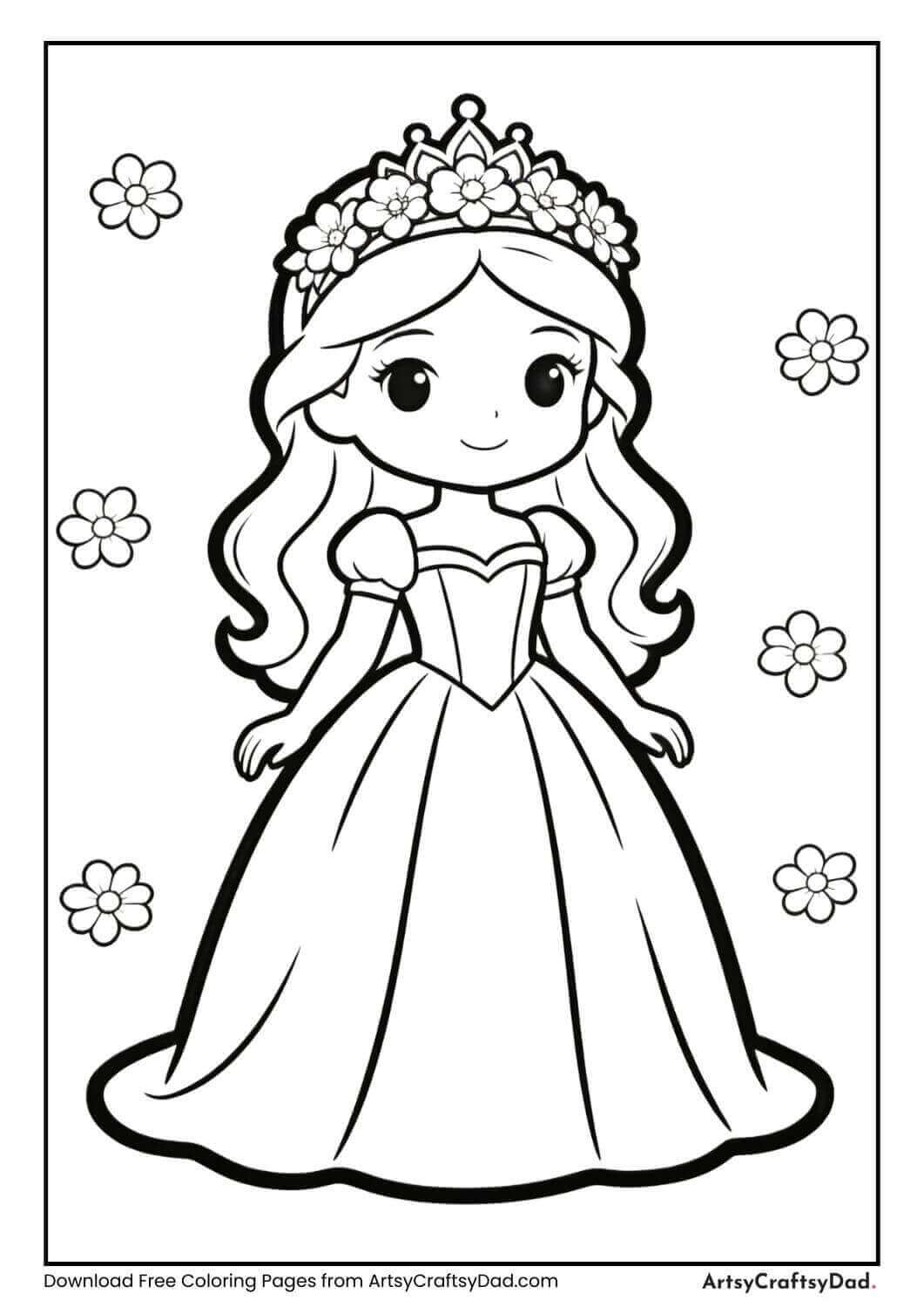 Princess wearing a flower crown coloring page