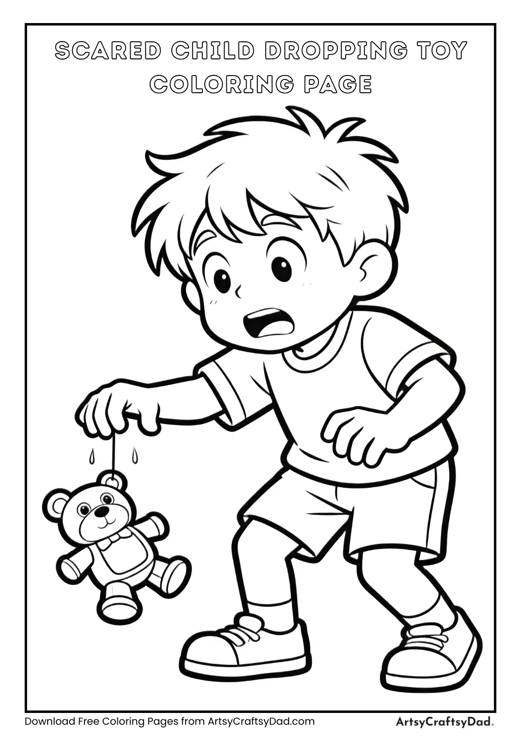 scared child dropping toy coloring page
