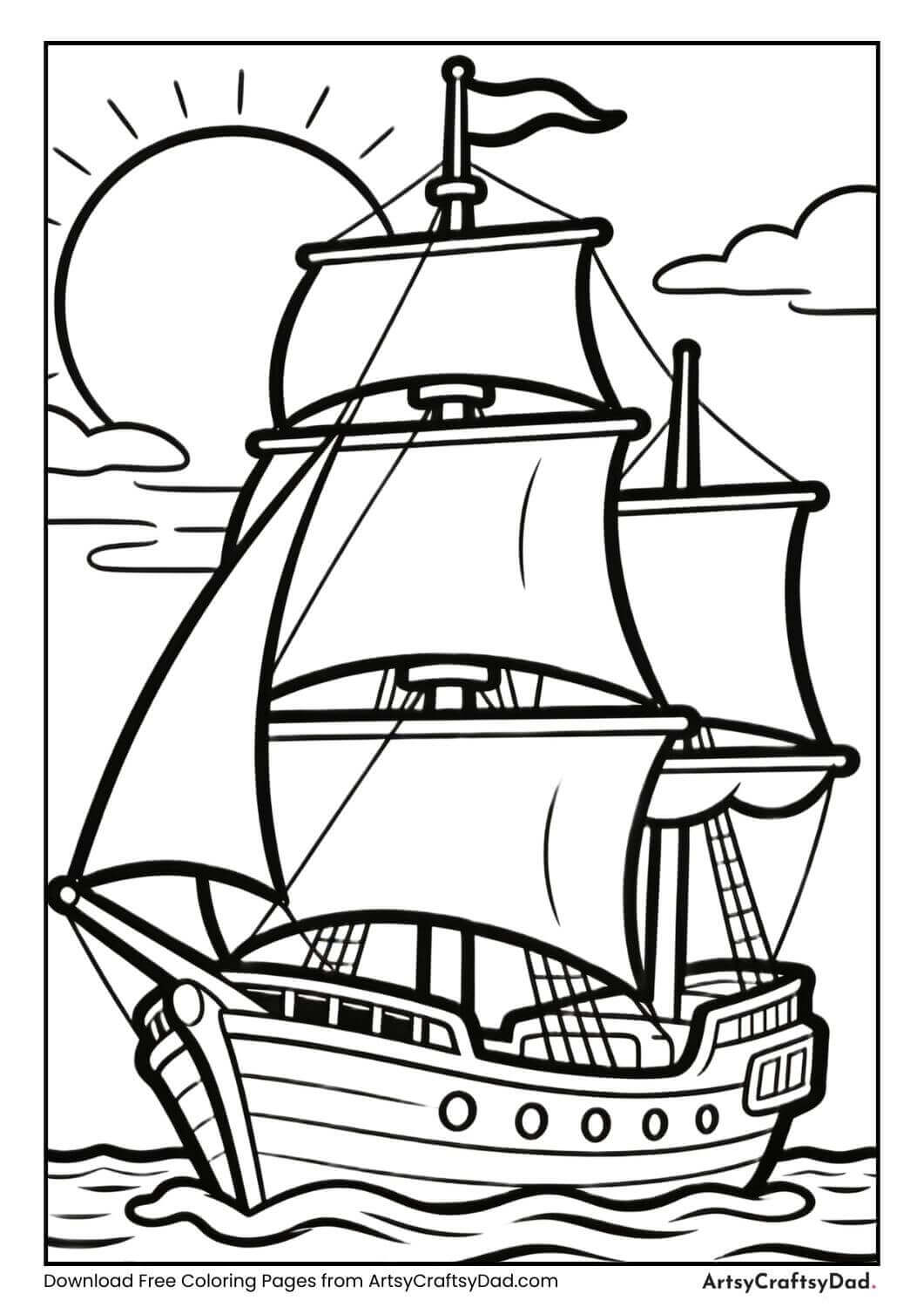 Ship at sunset black and white coloring page for kids