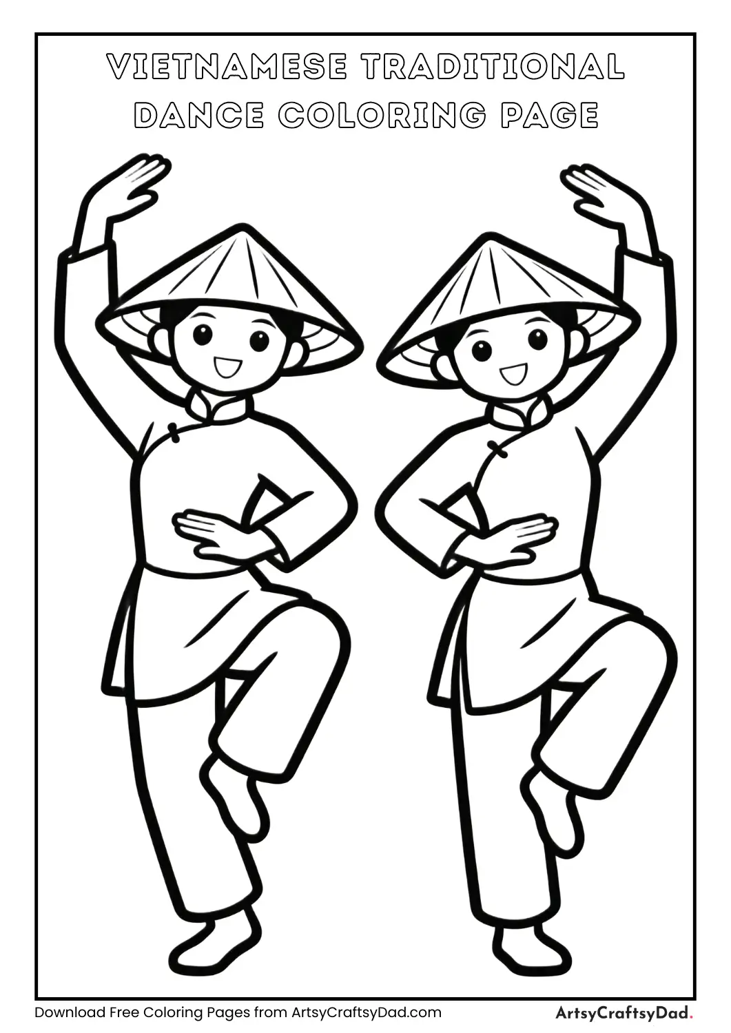 Vietnamese dancer with conical hat performing traditional dance, black and white coloring page for kids.