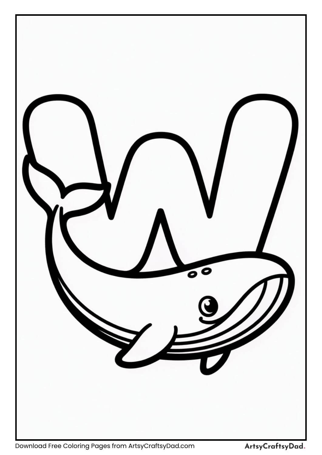 Letter W whale coloring page for kids