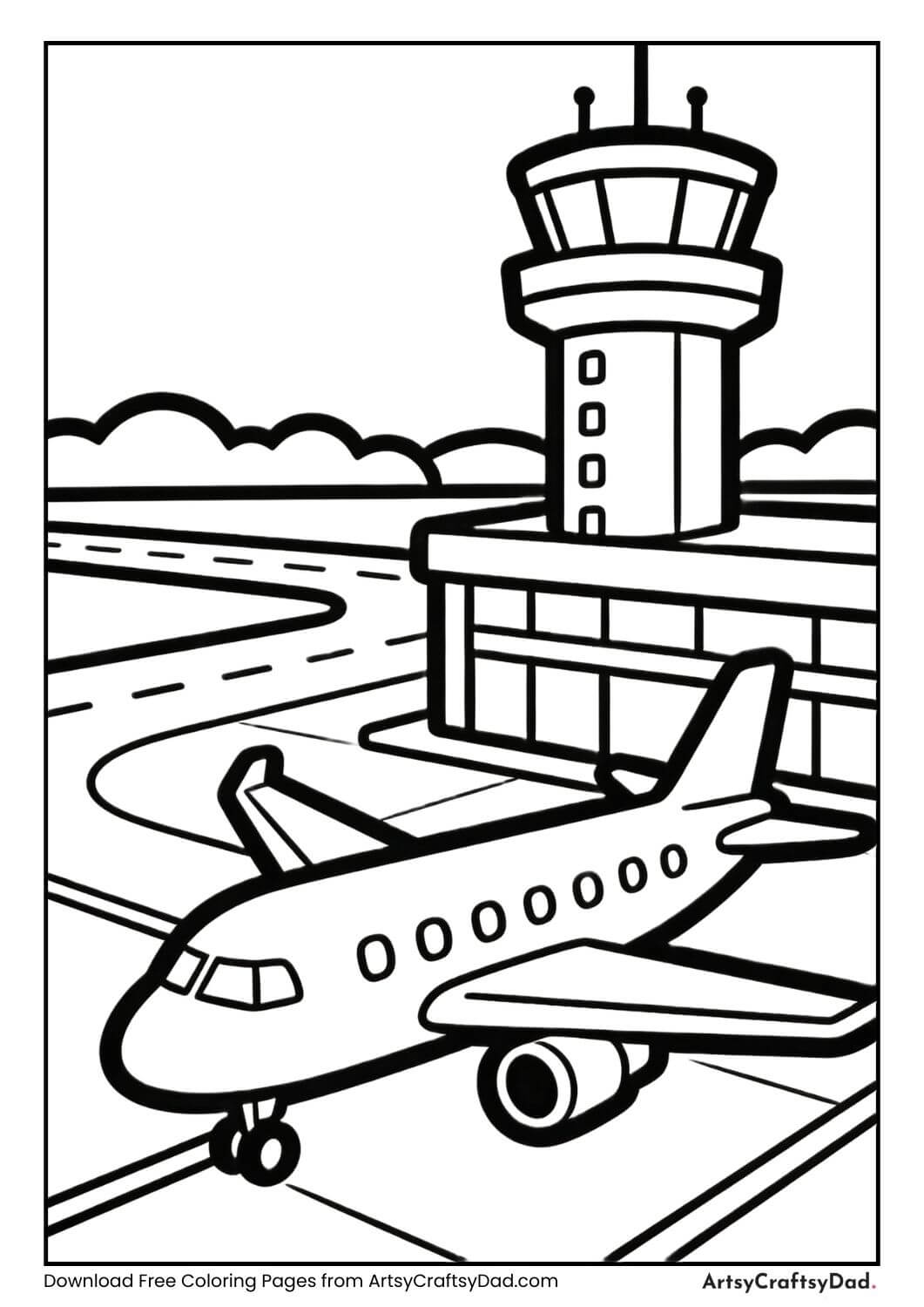 Airport scene airplane coloring page for kids