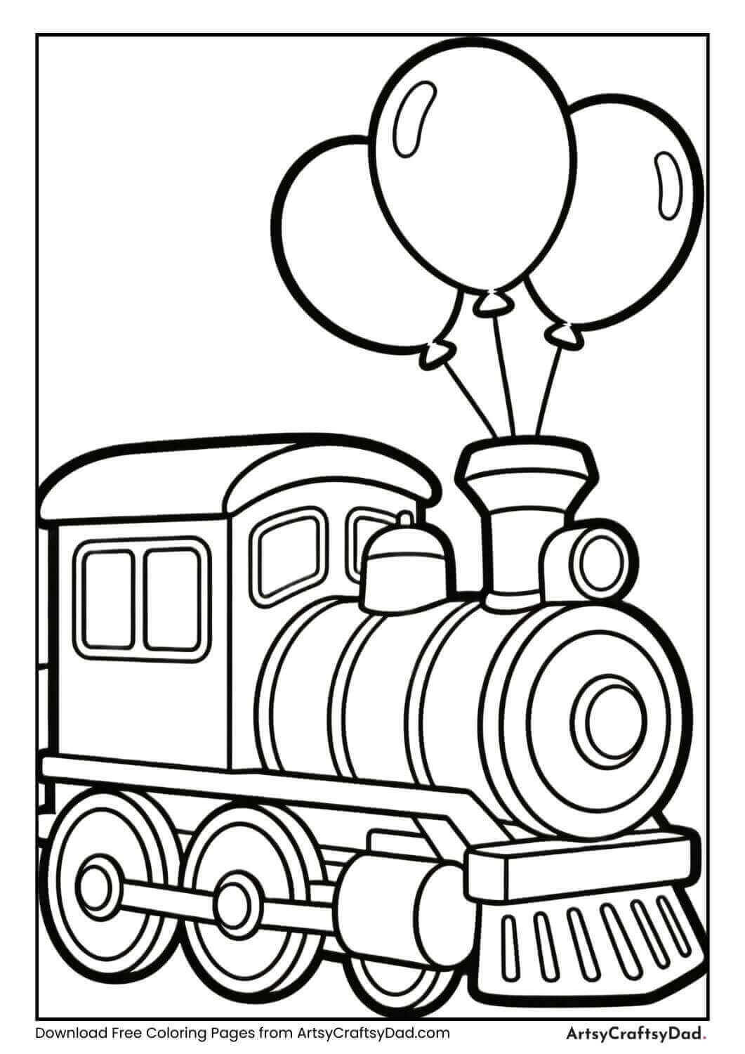Train with balloons black and white coloring page