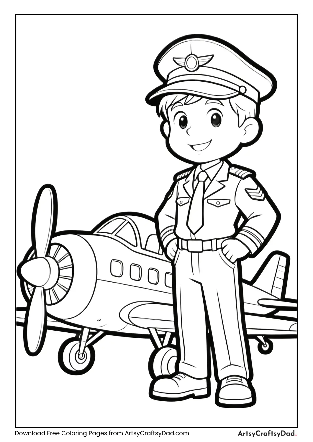 Pilot community helper black and white coloring page for kids