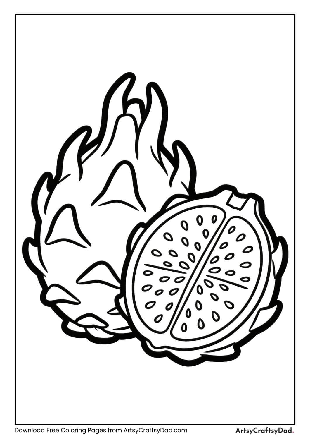 Black and white dragon fruit coloring page for kids