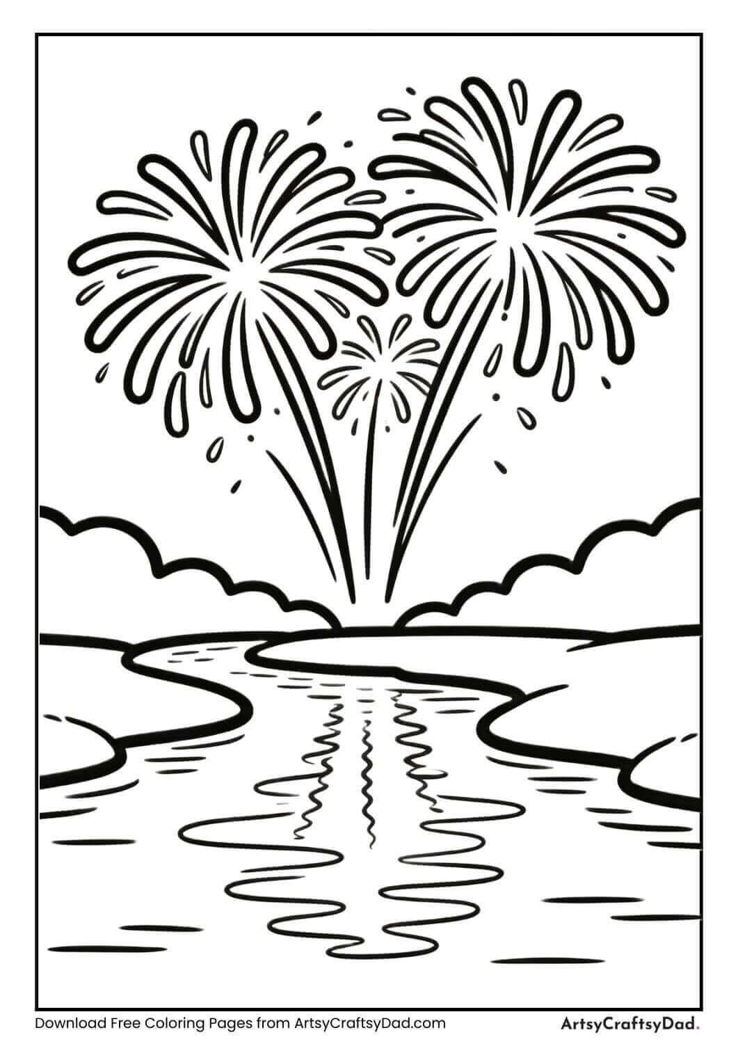 Fireworks reflection on river black and white coloring page
