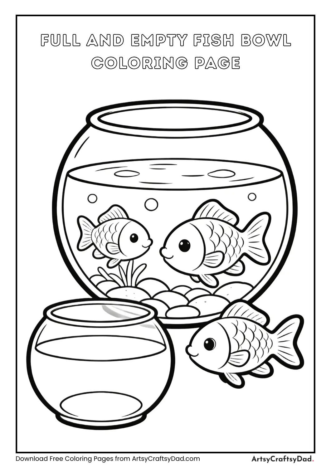 A fish bowl full of water and fish beside an empty fish bowl for coloring