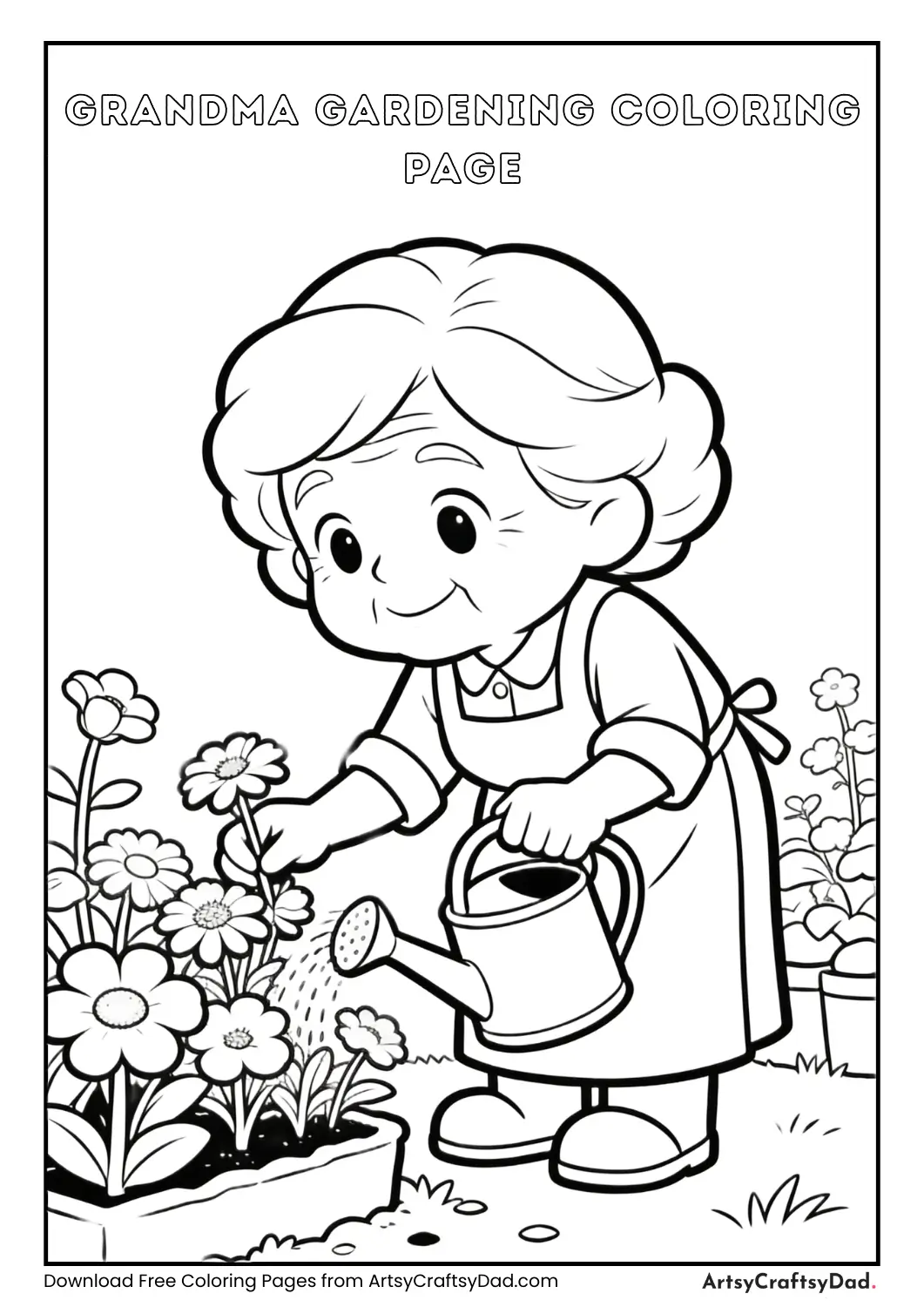 Grandma gardening with watering can coloring page