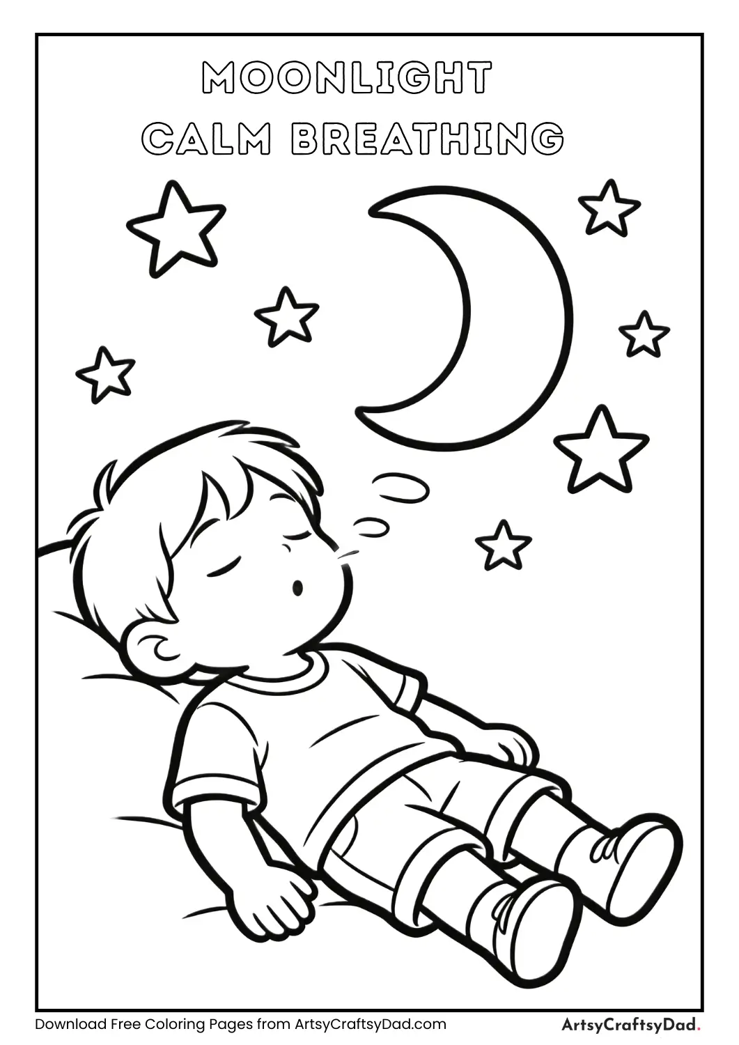 Child breathing calmly under moon and stars coloring page