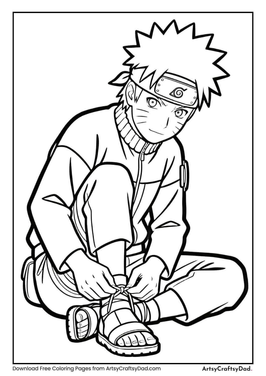 Naruto sitting and tying ninja sandals, black and white coloring page