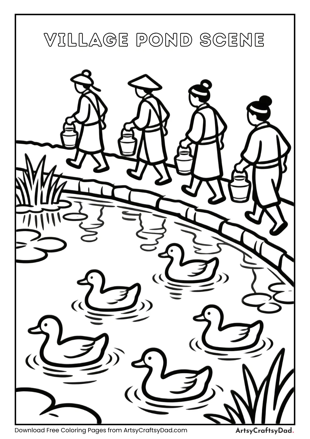 Pond with ducks and villagers collecting water