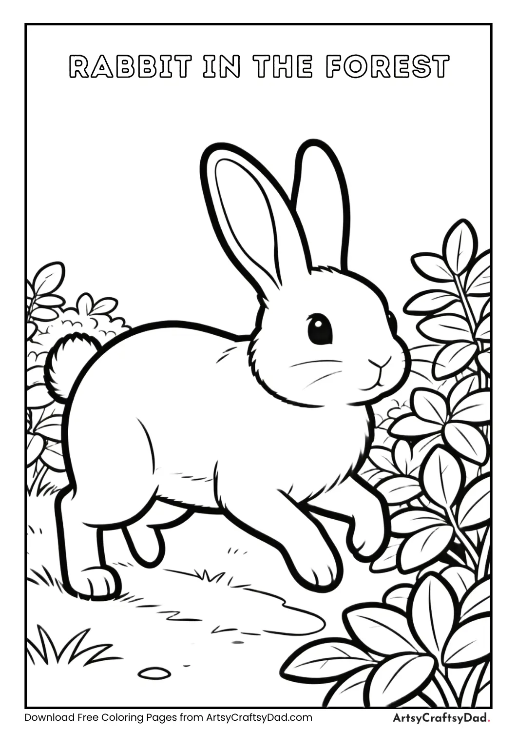 Black and white coloring page of a rabbit near bushes