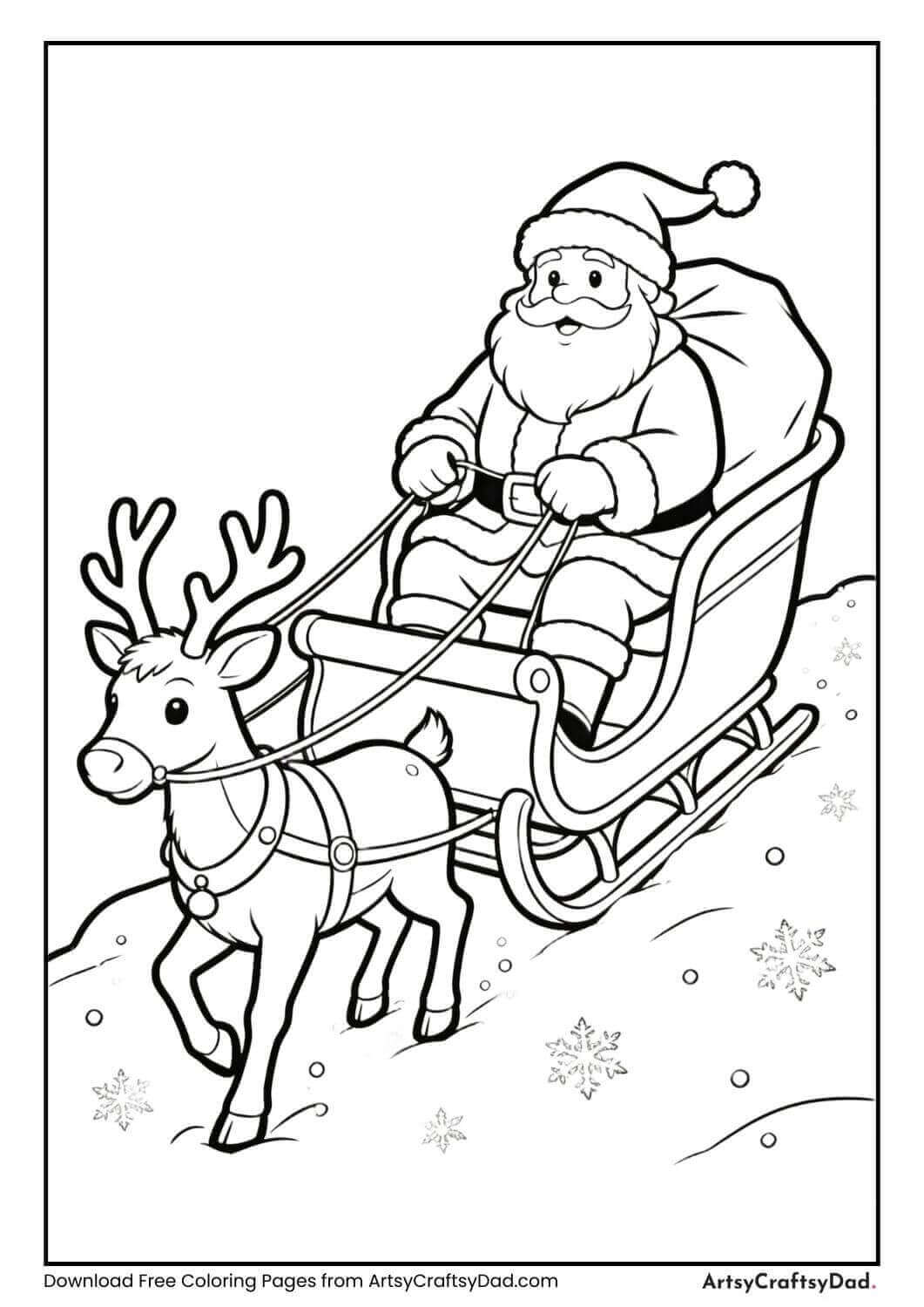 Santa riding sled pulled by reindeer over snow