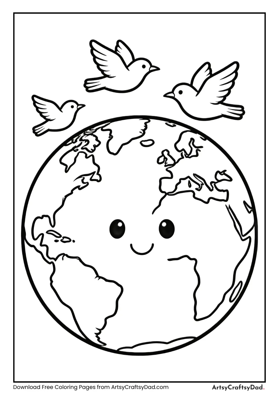 Earth smiling with birds flying above coloring page