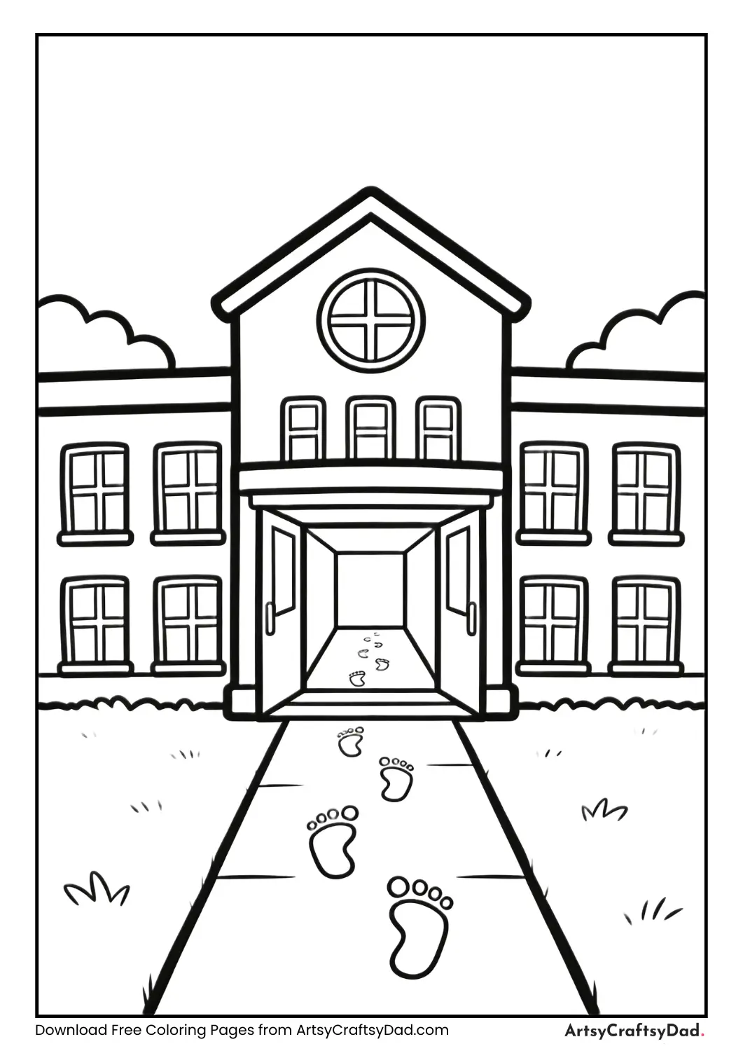 School building with pathway coloring page