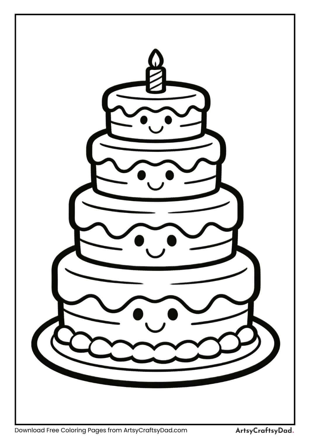 Smiling tiered birthday cake coloring page