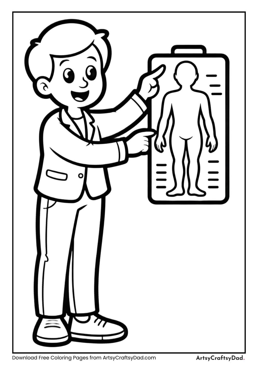 Teacher pointing to body chart coloring page