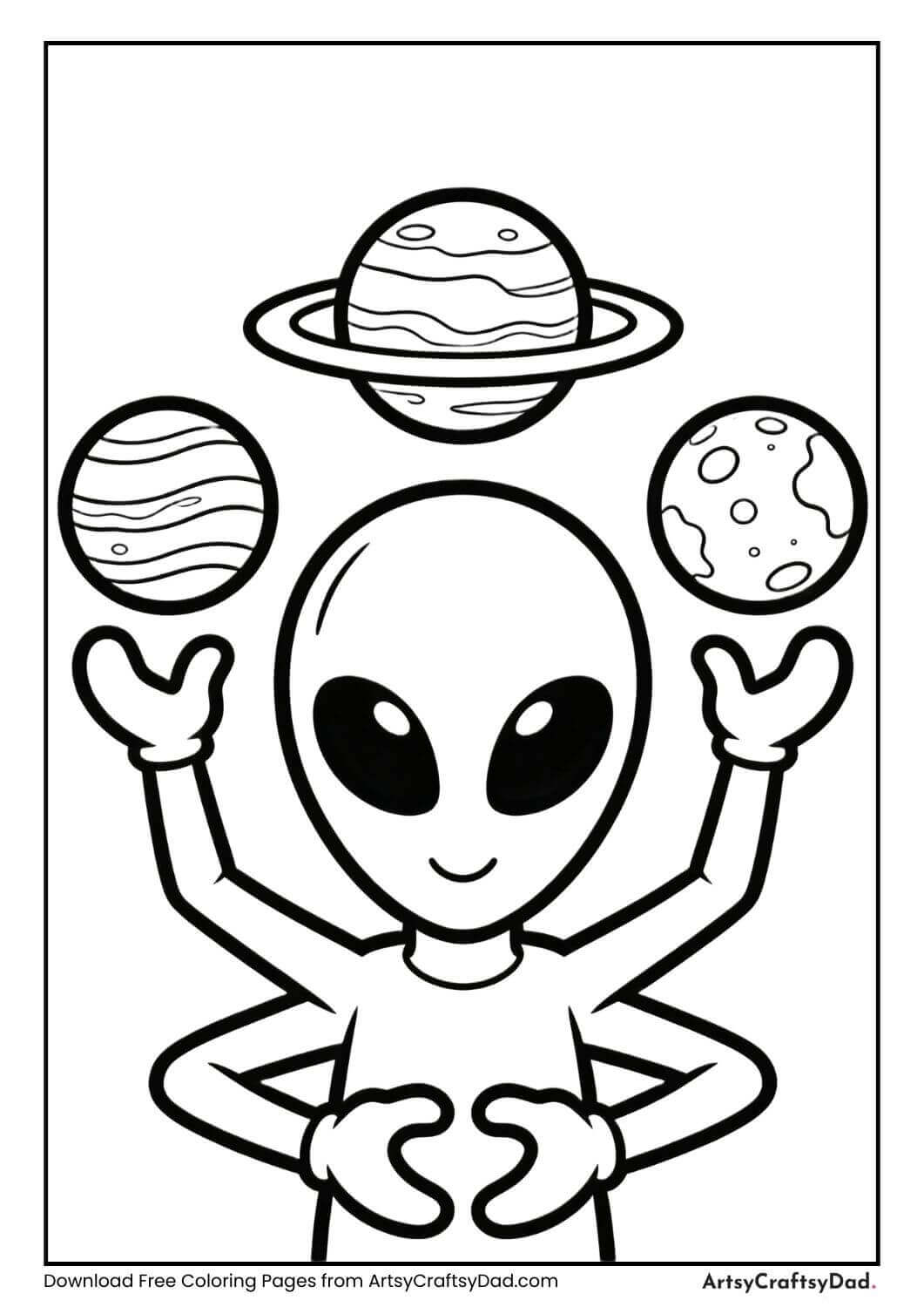 Alien with three arms juggling planets