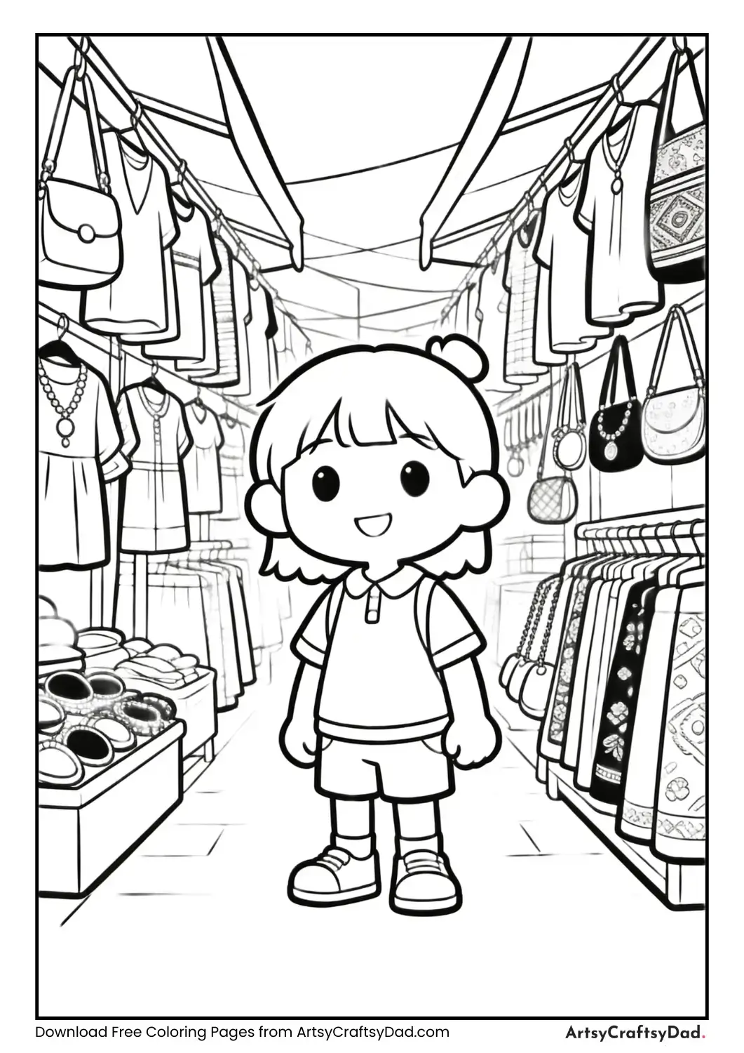 Clothes market with hanging clothes