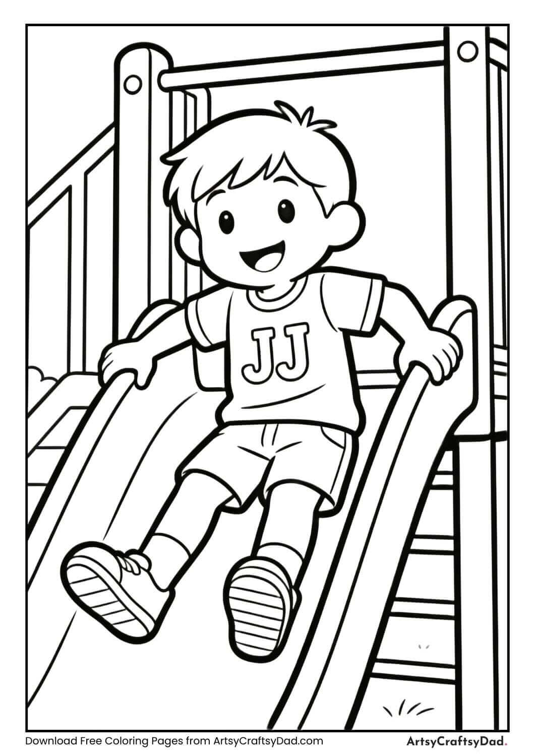 JJ sliding at playground coloring page
