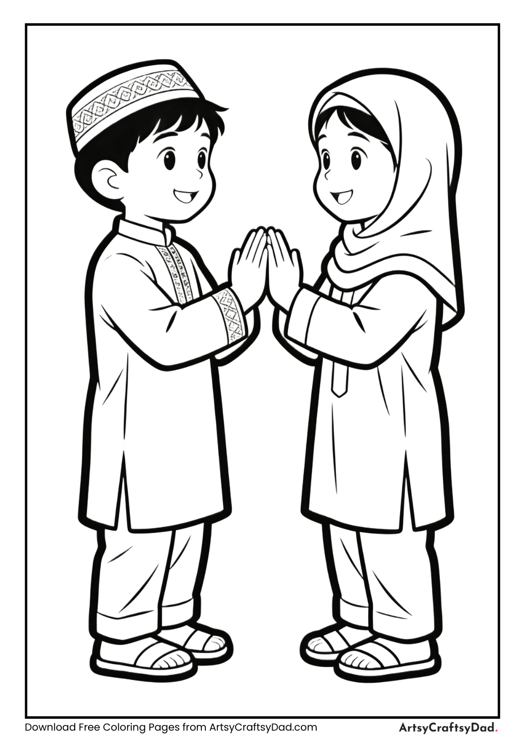 Kids greeting on Eid coloring page