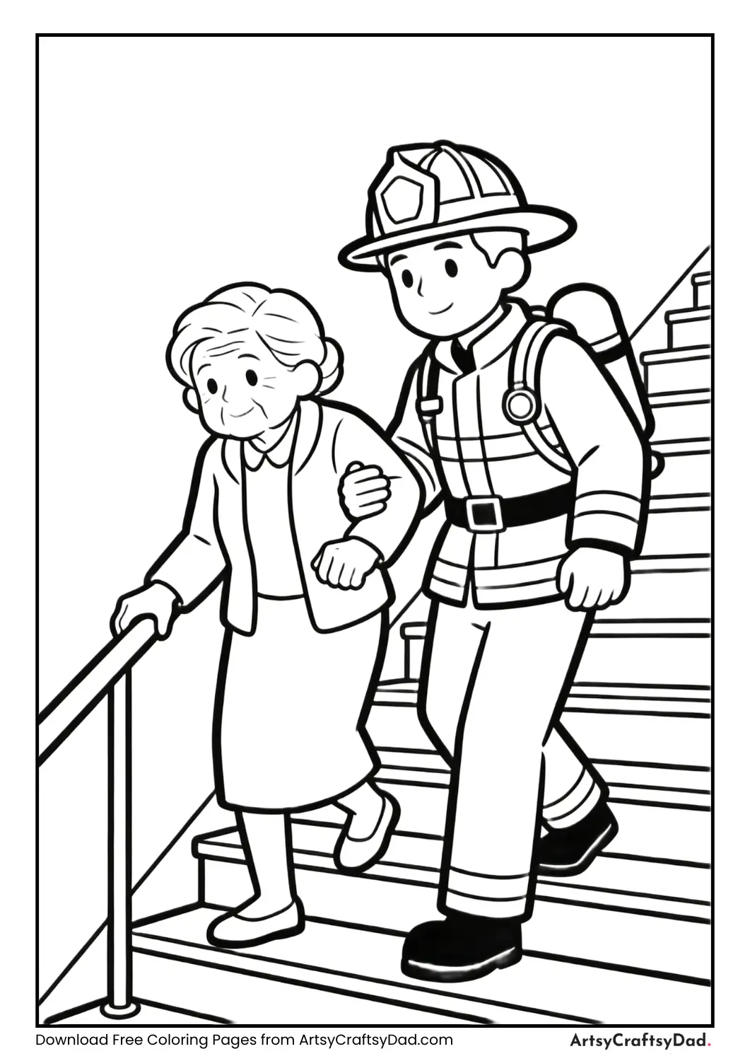 Firefighter helping an elderly person out of a building.