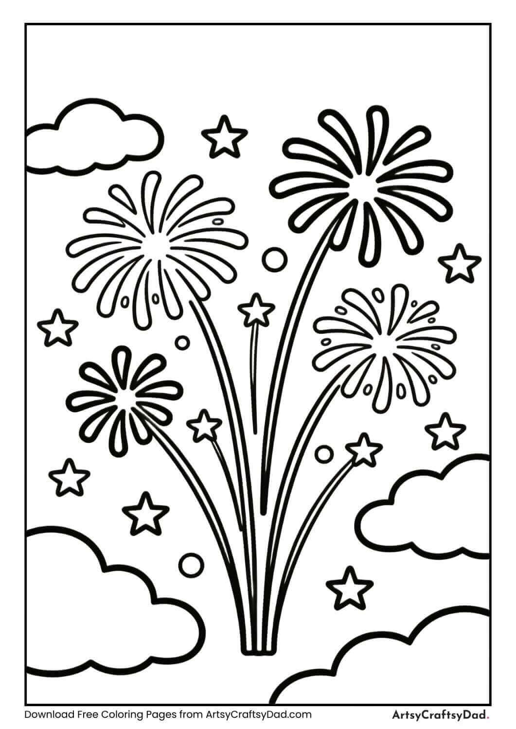 Fireworks with clouds black and white coloring page