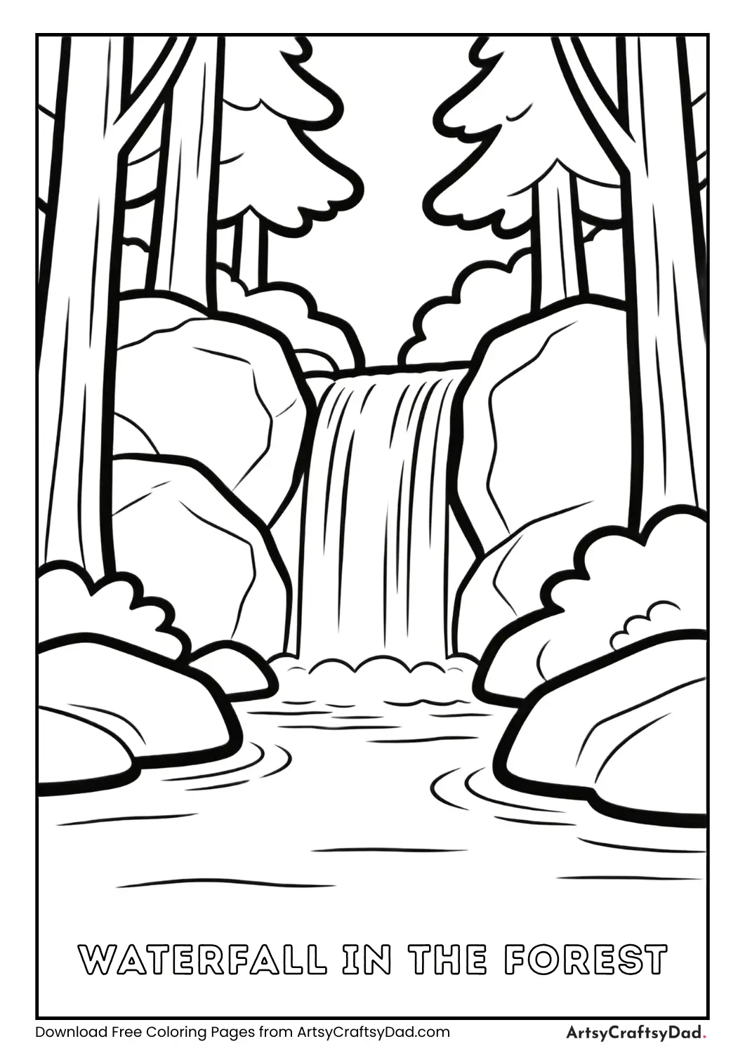 Black and white coloring page of a forest waterfall