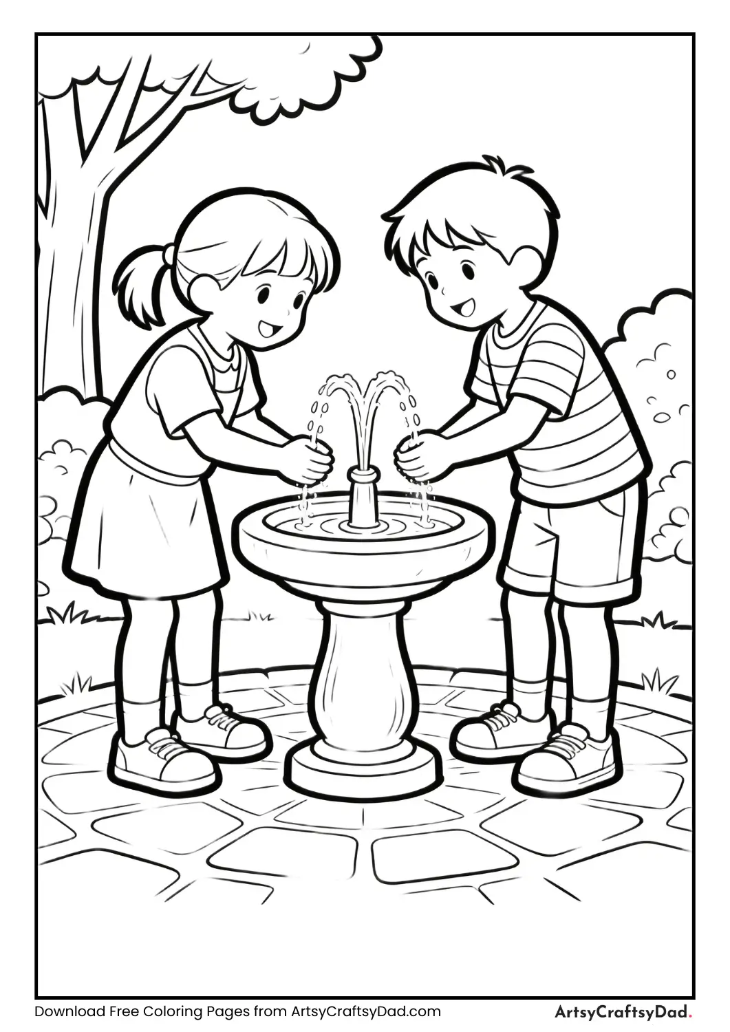 Children playing near a small water fountain