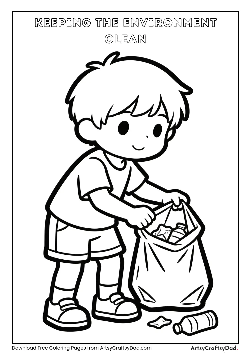 Child picking trash kindness coloring page
