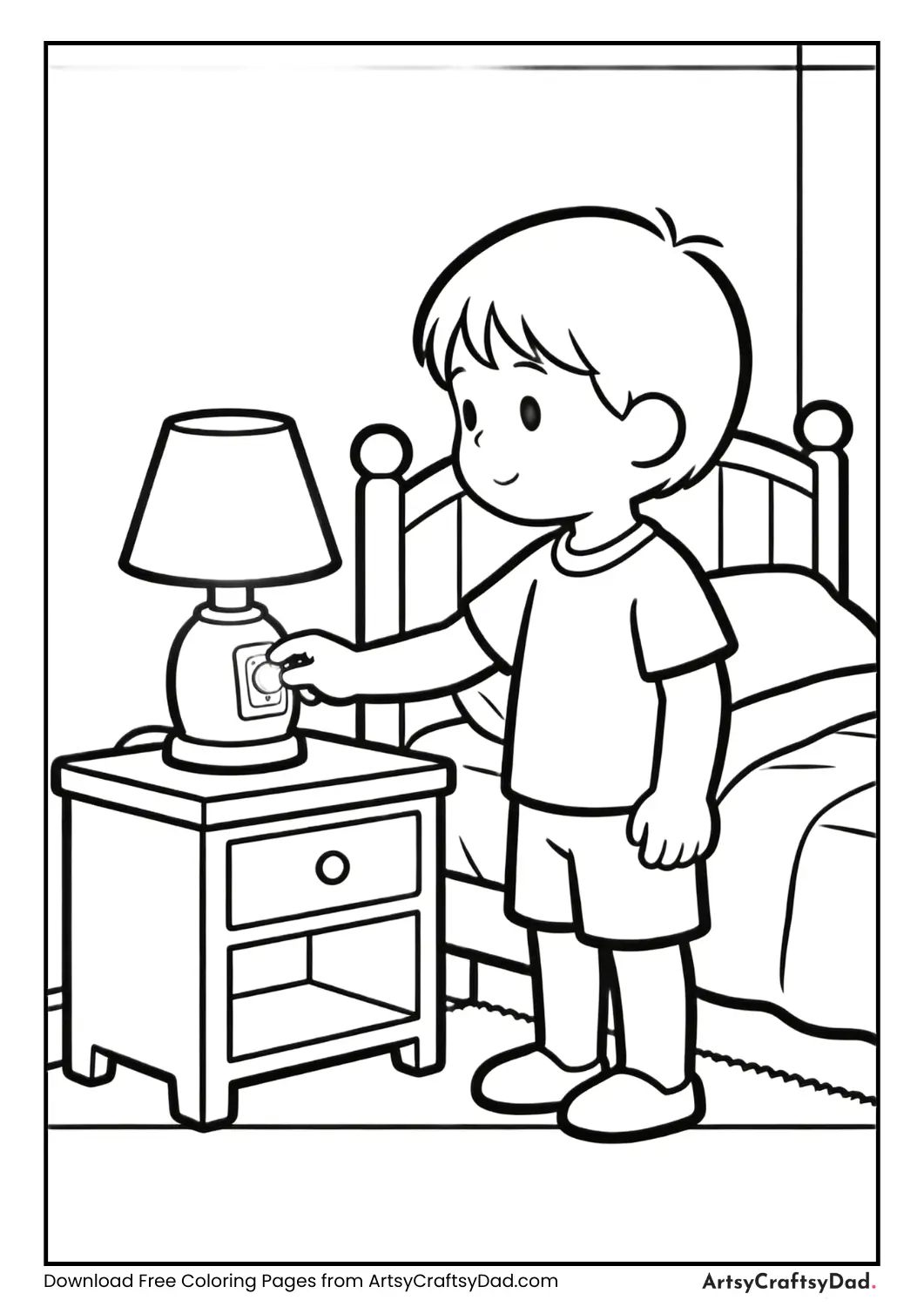 Child turning on nightlight coloring page