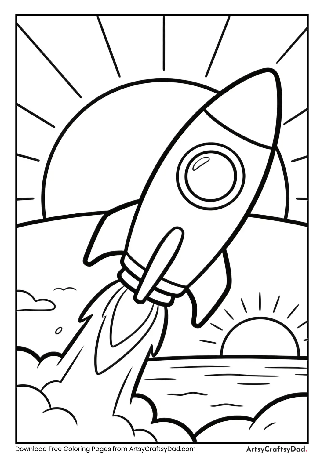 Rocket launching at sunrise coloring page