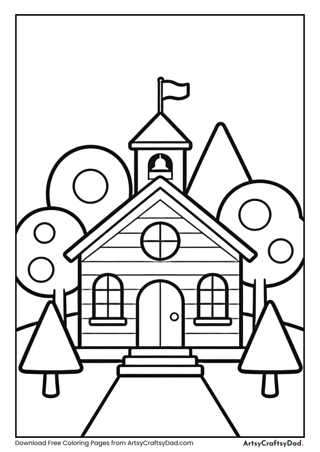 School building with simple shape trees coloring page