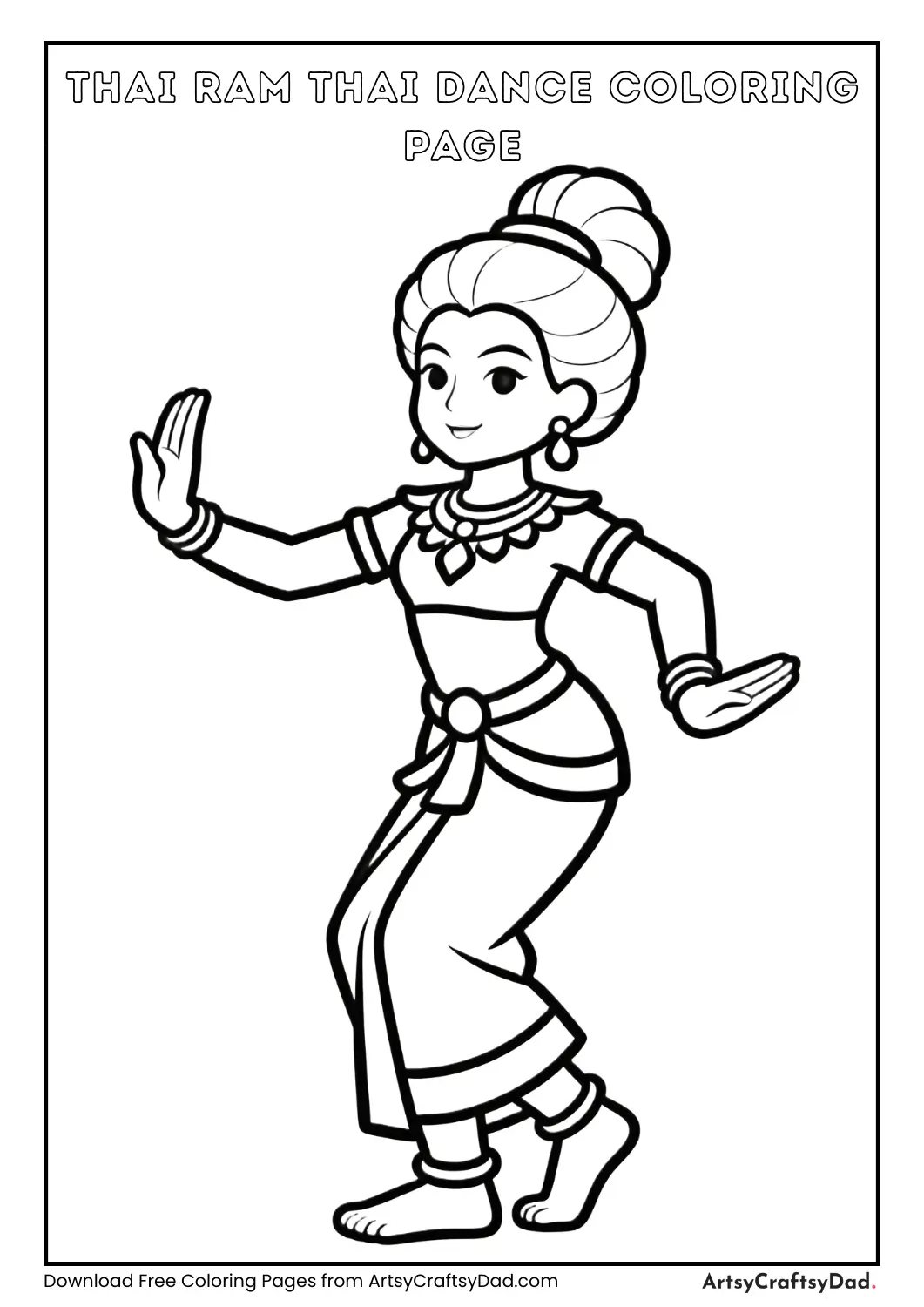 Thai dancer performing Ram Thai, black and white coloring page for kids.