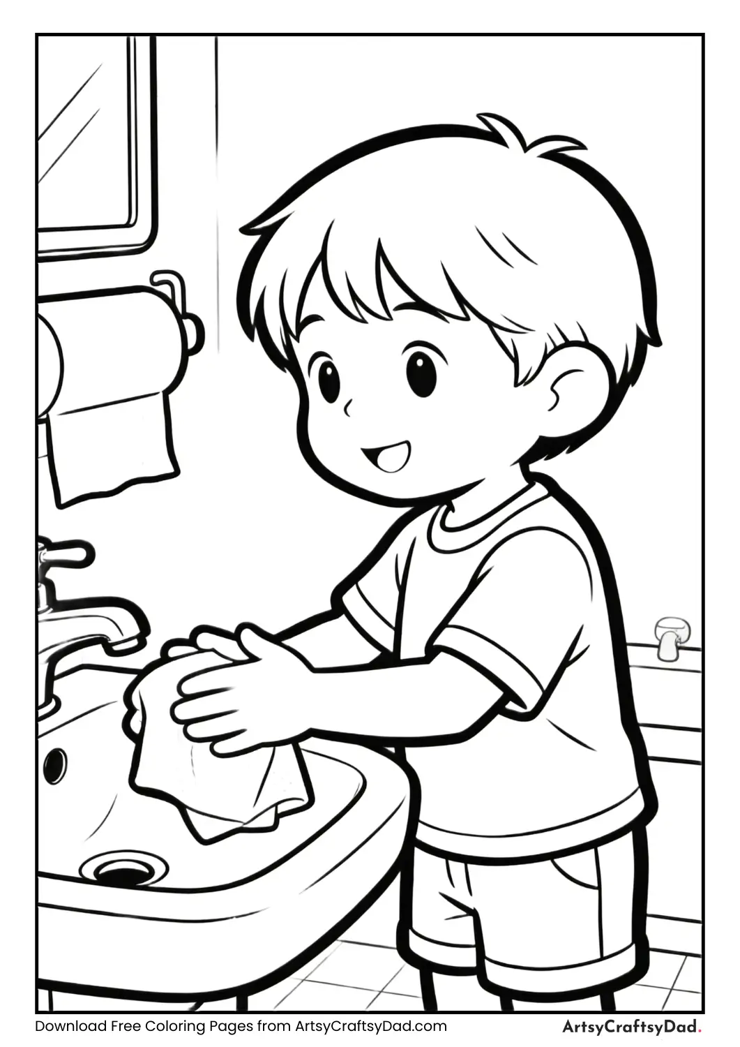 Child drying hands with paper towel.