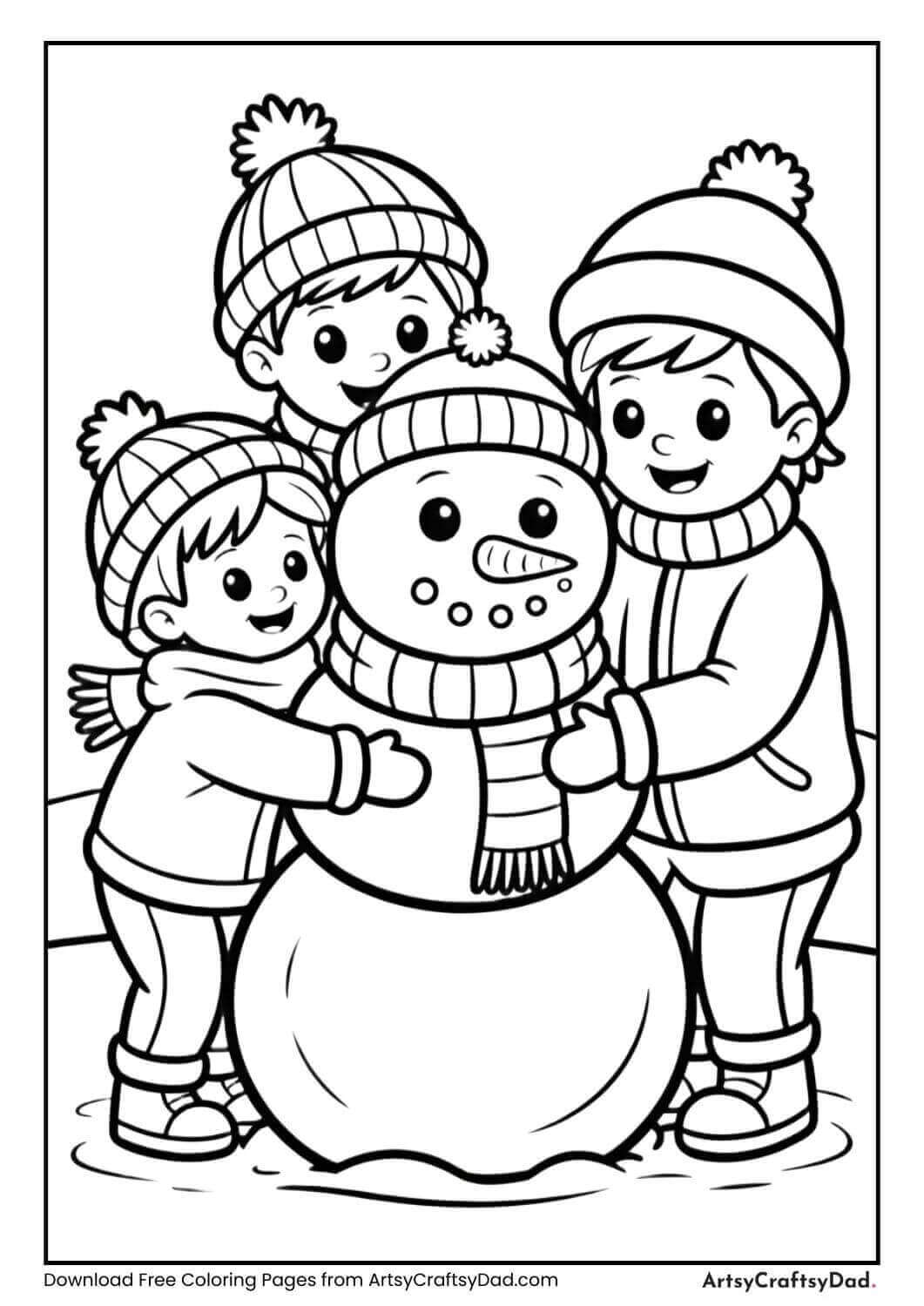 Children building a snowman with scarves and hats.