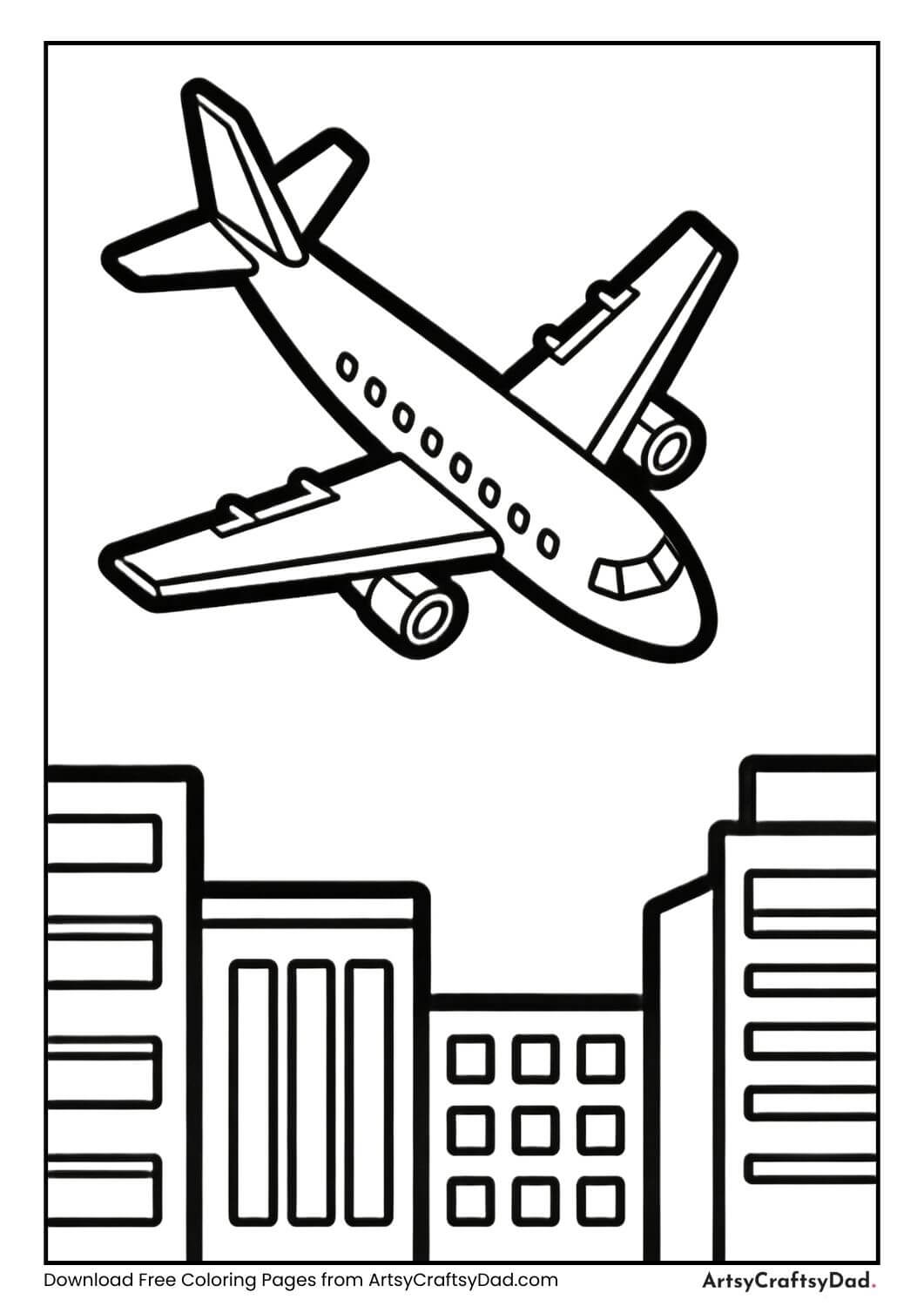 Airplane flying over city coloring page