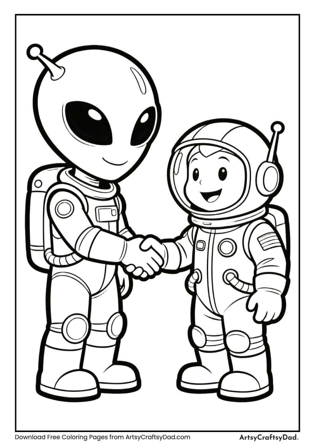 Alien shaking hands with human astronaut